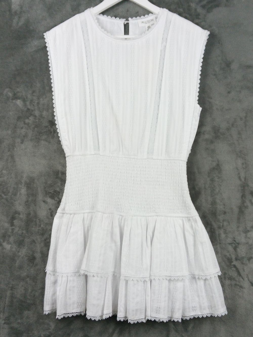 Allison New York Smocked Eyelet Lace Mini Dress M White Sleeveless Tiered NEW